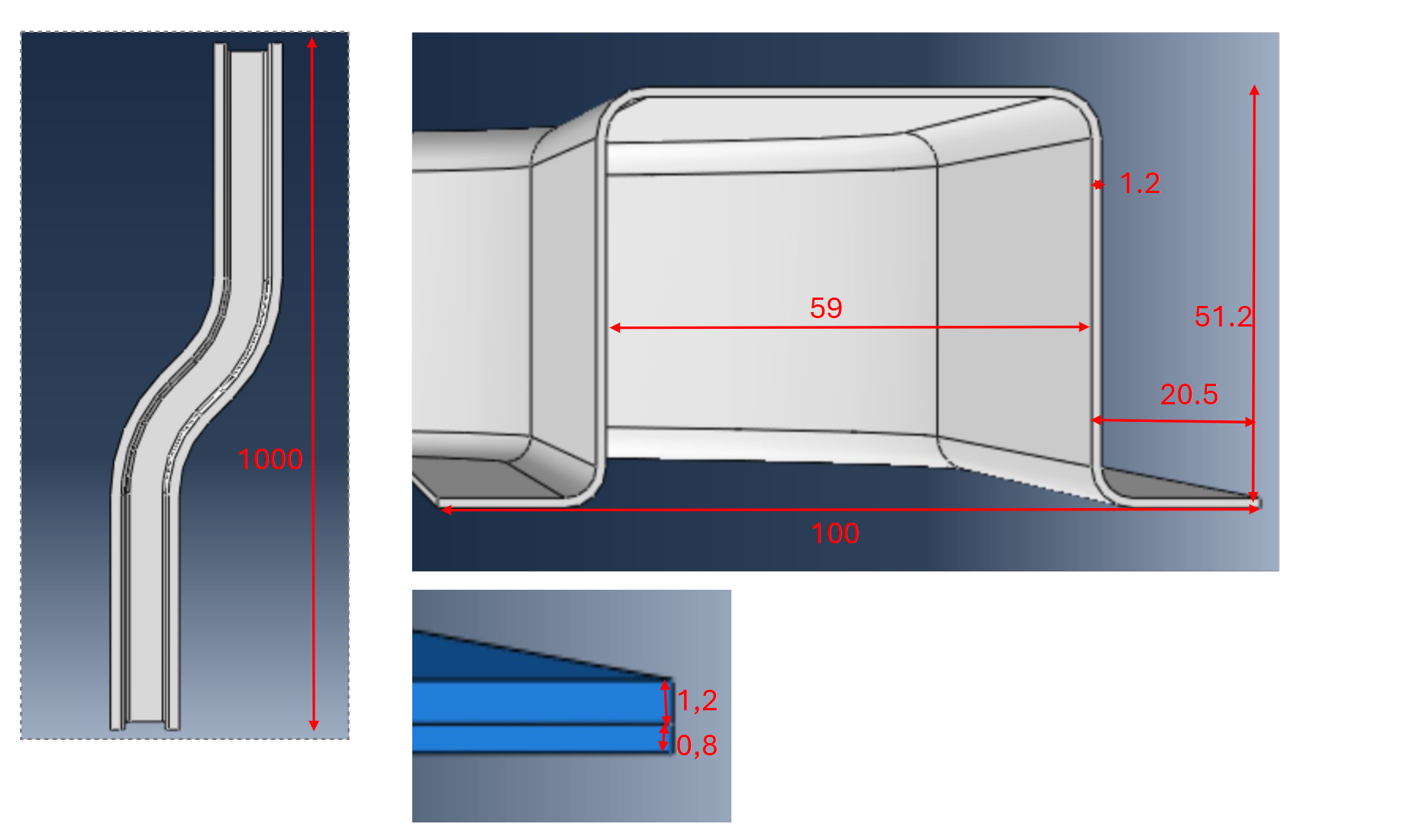 Baseline rail length, cross-sectional dimensions, and 1.2/0.8 mm sheet thickness