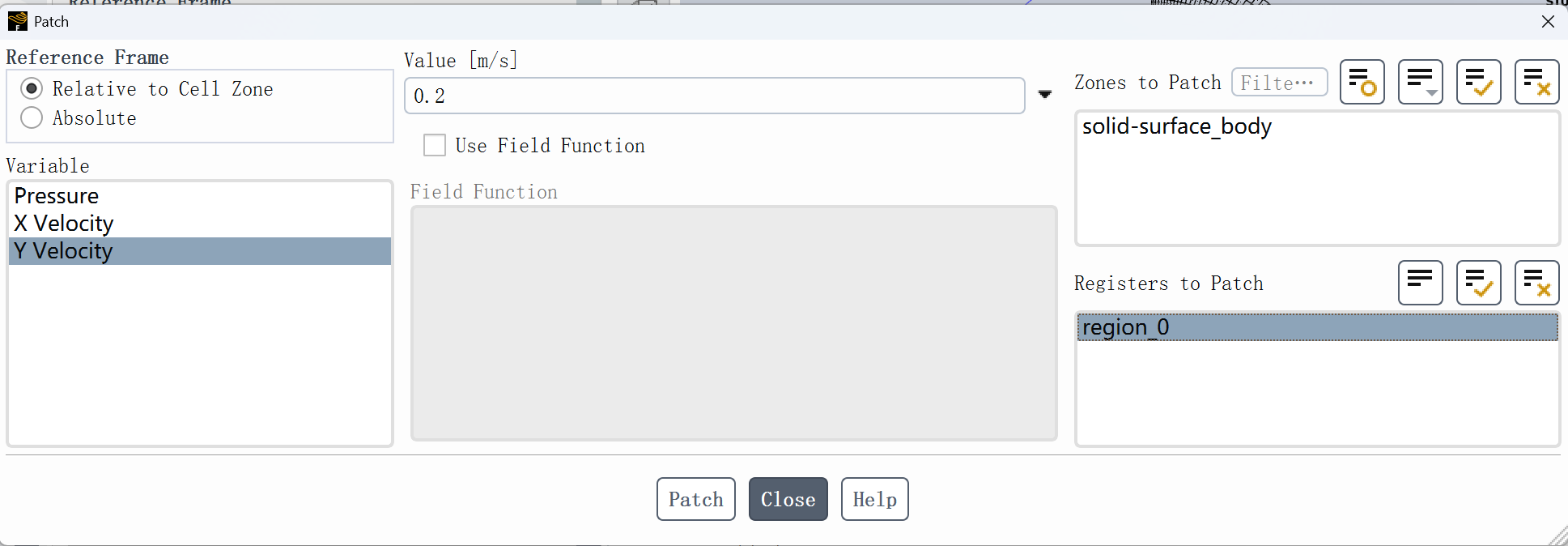 Fluent patch configuration setting transverse velocity to 0.2 m/s
