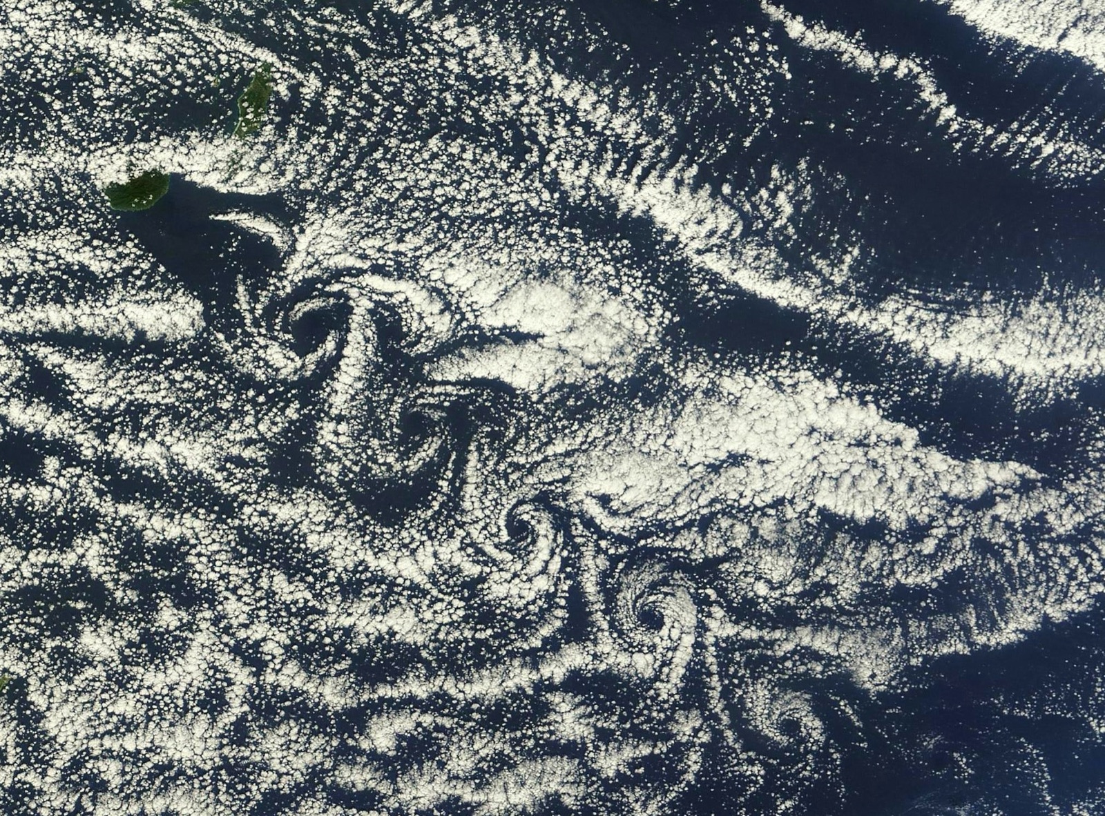 Satellite imagery showing a Kármán vortex street downstream of Yakushima Island