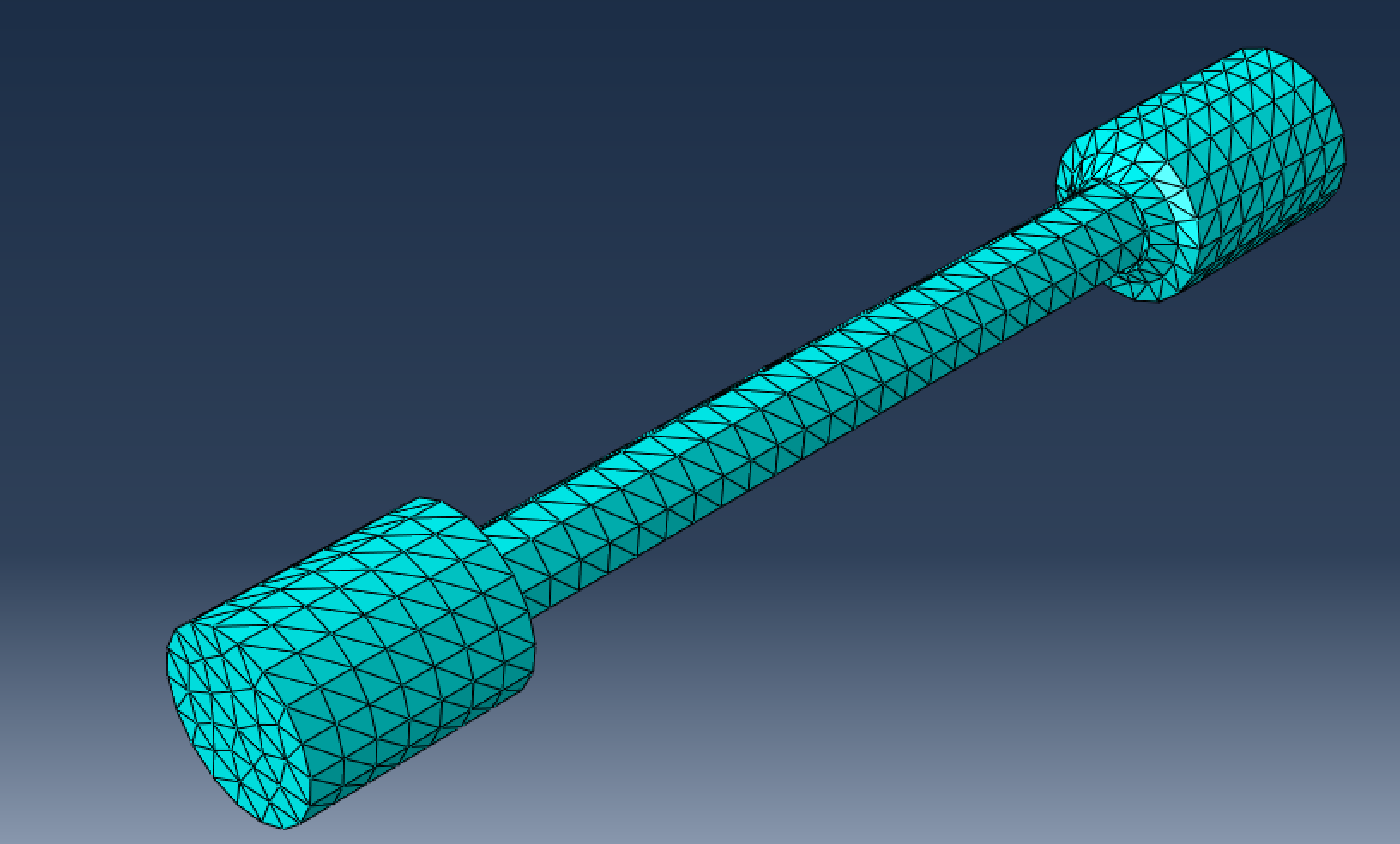 Baseline C3D4 tetrahedral mesh view of the full dogbone tensile specimen in Abaqus