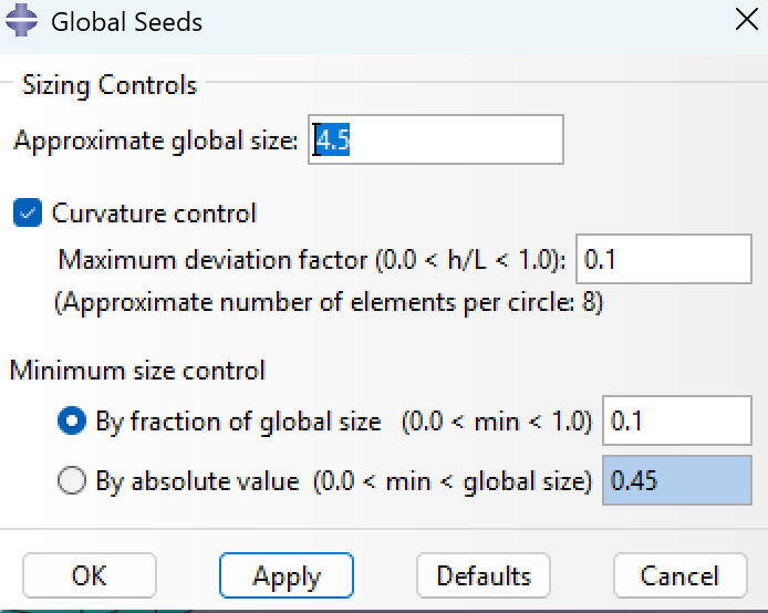 Abaqus Global Seeds dialog showing approximate global size of 4.5 with curvature control enabled